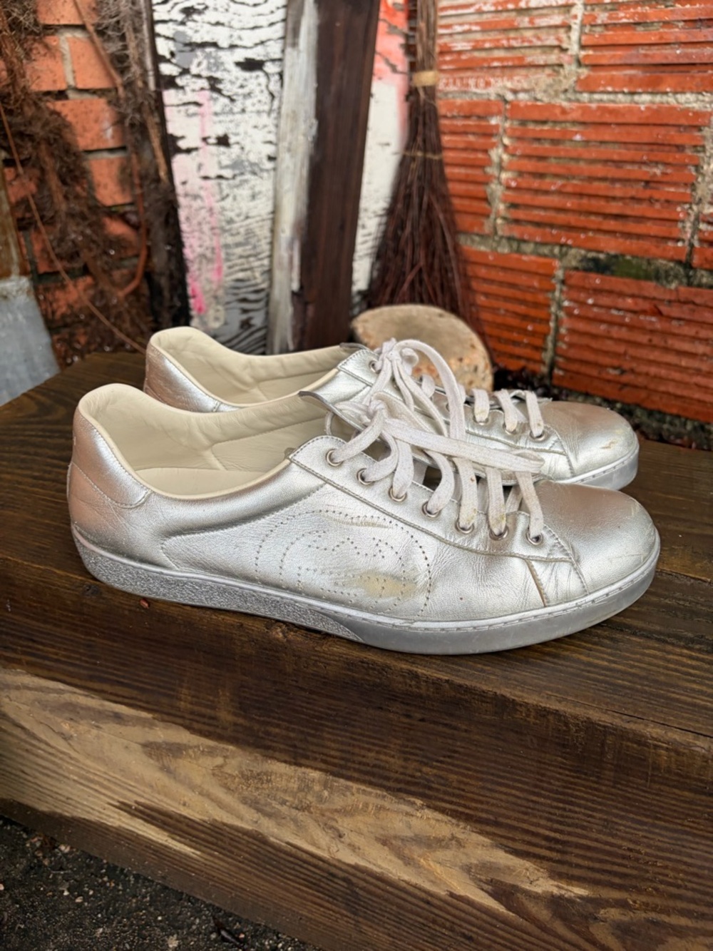 Gucci Ace Metallic Silver Leather Low-Top Sneaker - Picture 8 of 10